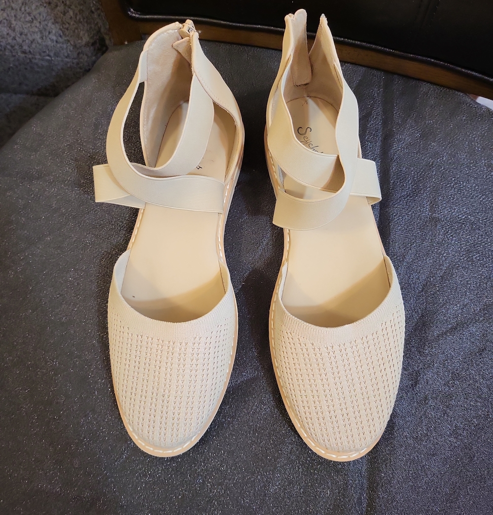 Seychelles Cream Knit Ankle-Strap Flats with Elastic Strap